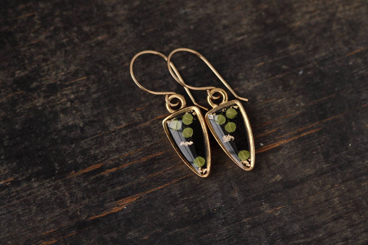 Gold and Black Arrowhead Seed Pod Earrings