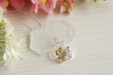 Sparkly Flowers in Resin Hexagon Necklace in Silver