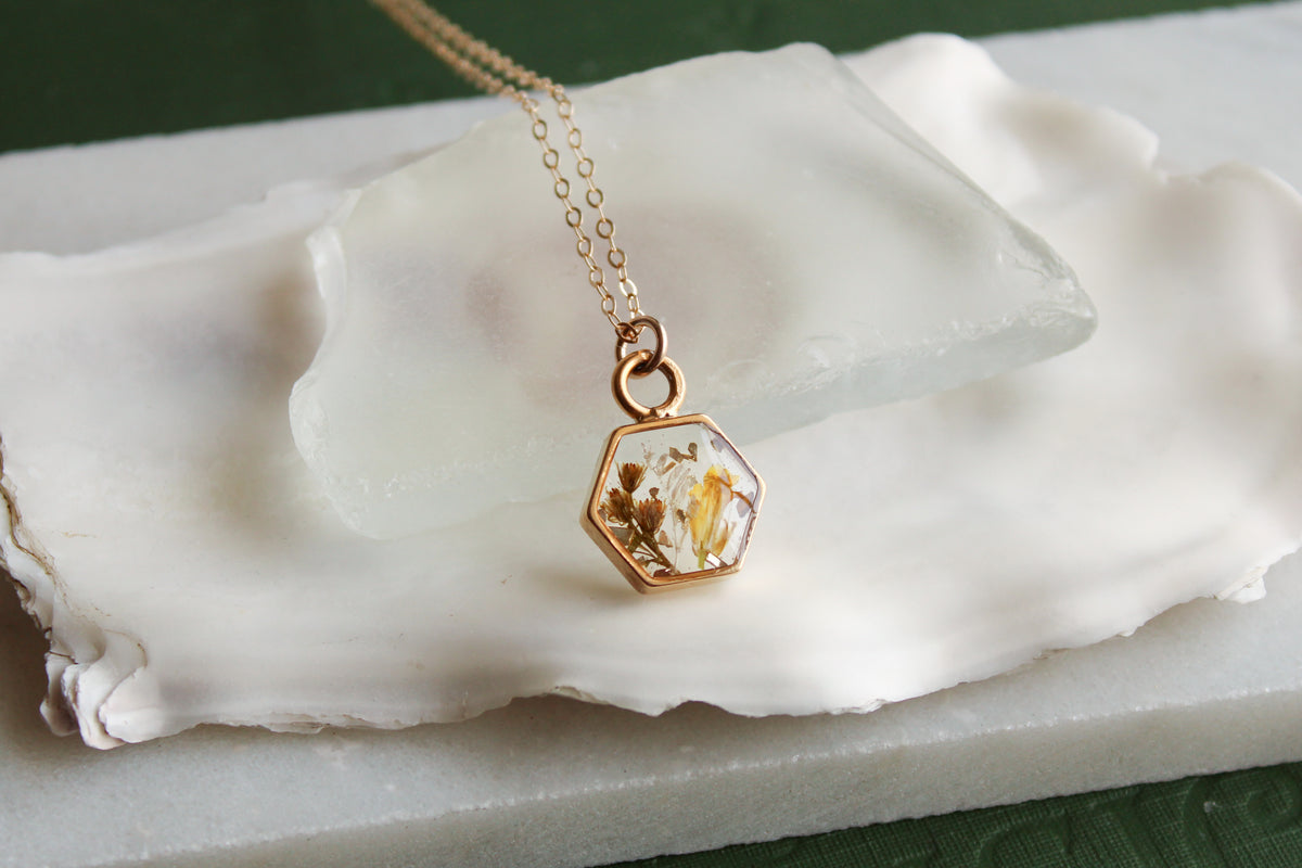 Mixed Yellow Flowers Gold Hexagon Mini Charm Necklace