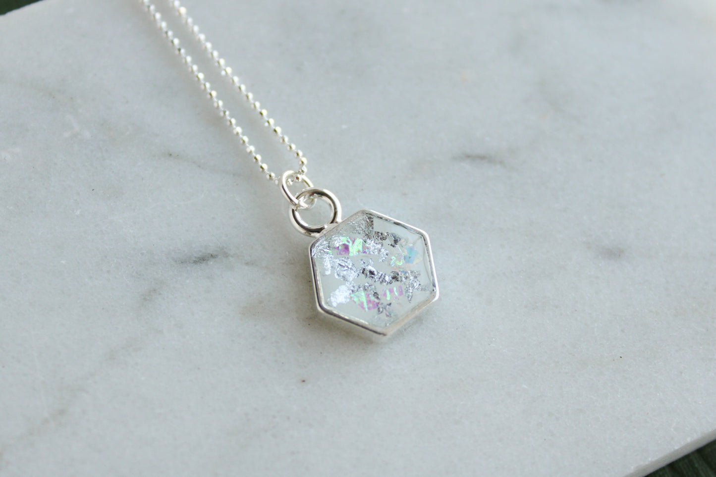 Silver and White Mini Hexagon Necklace
