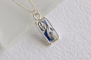 Silver Mini Rectangle Necklace with Blue Flowers