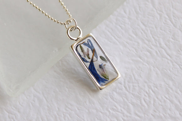 Silver Mini Rectangle Necklace with Blue Flowers