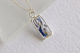 Silver Mini Rectangle Necklace with Blue Flowers