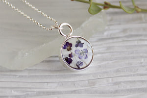 Tiny Purple Flowers Mini Circle Necklace in Silver