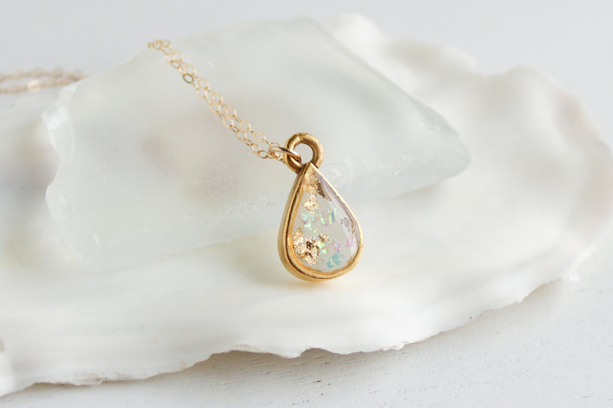 Gold Opalescent Teardrop Necklace | Handmade Clay and Resin Necklace