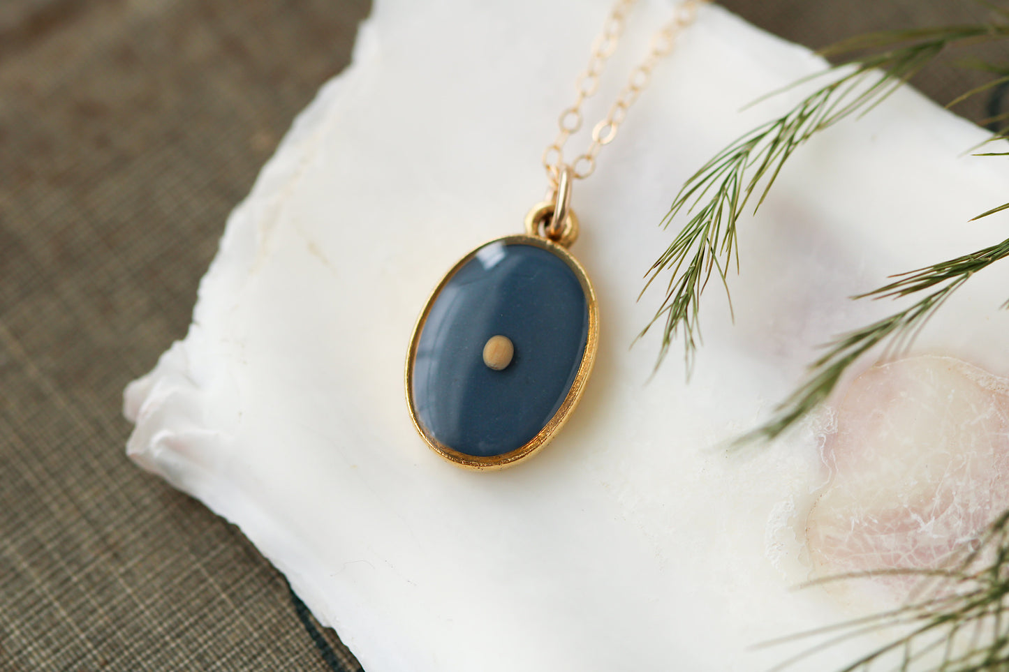 blue oval mustard seed necklace in gold, Christian jewelry, handmade resin real mustard seed necklace
