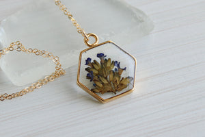 Pressed Lavender Gold Hexagon Necklace