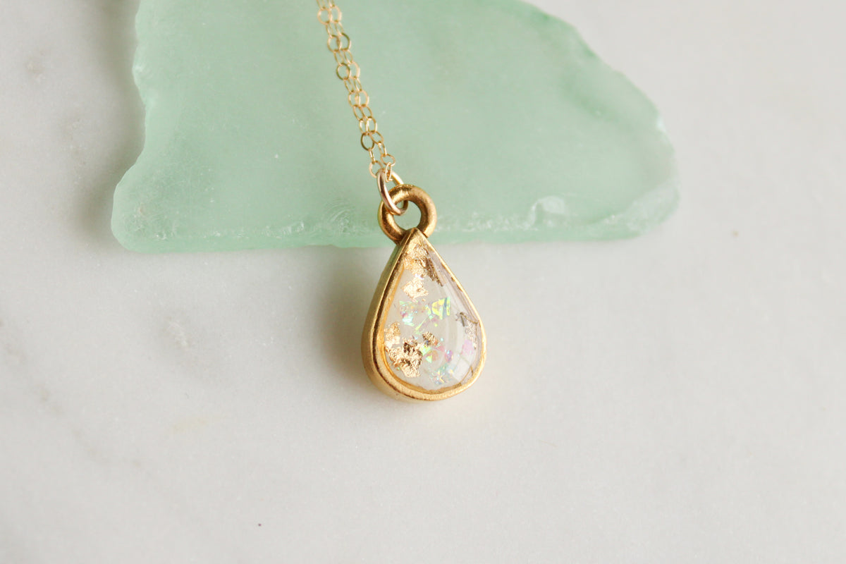 Gold Opalescent Teardrop Necklace | Handmade Clay and Resin Necklace