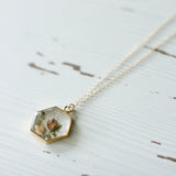 Sparkly Flowers in Resin Hexagon Necklace in Gold