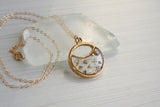 Gold Split Circle Necklace with White Flowers