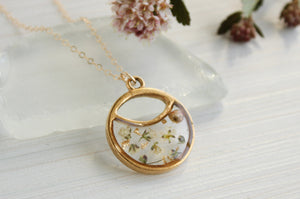 Gold Split Circle Necklace with White Flowers