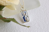 Silver Mini Rectangle Necklace with Blue Flowers