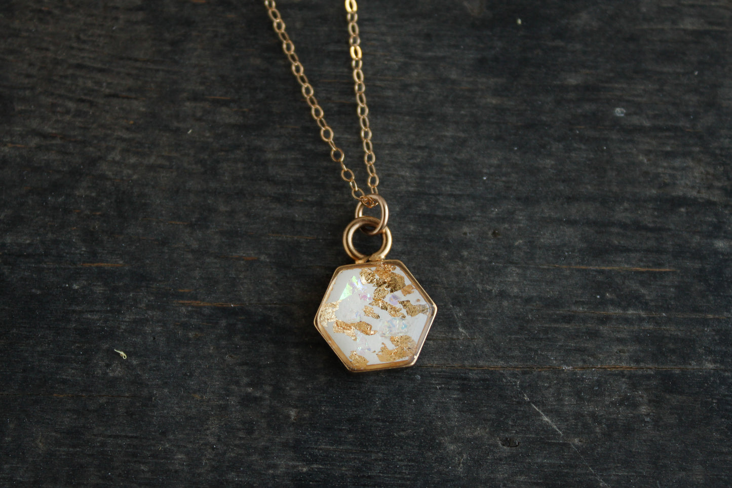 Gold and White Mini Hexagon Necklace