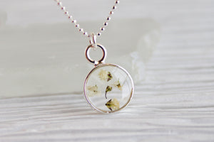 Mini Silver Circle with White Flowers Necklace
