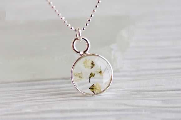 Mini Silver Circle with White Flowers Necklace