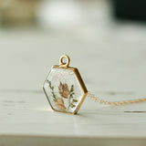 Sparkly Flowers in Resin Hexagon Necklace in Gold